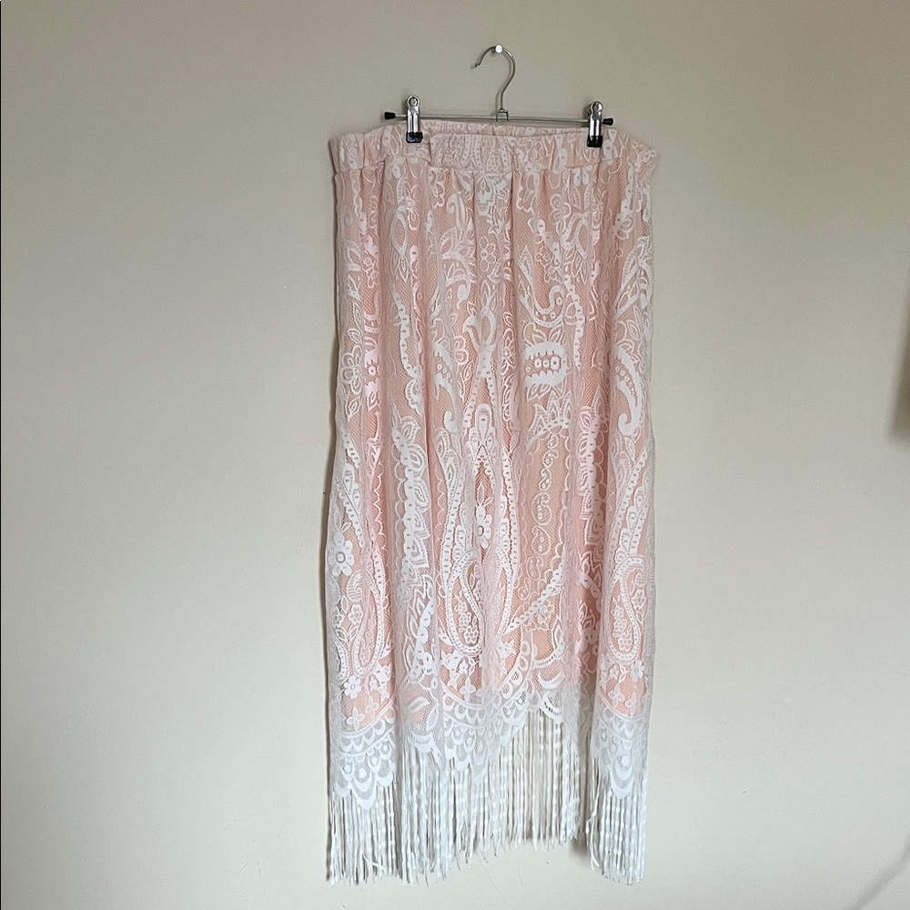 SHEIN Pink and White Maxi Skirt with Fringe